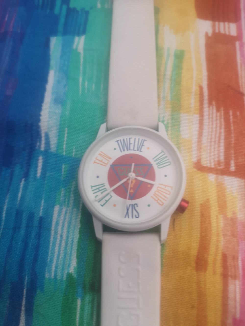 Guess White Silicone Strap Watch with Multicolor Dial
